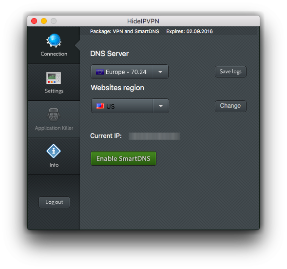 HideIPVPN software for Mac OS X