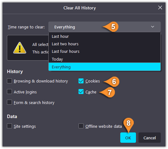 firefox cache and cookies